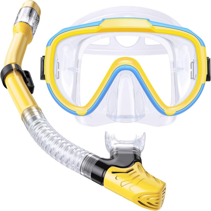Seovediary Kids Snorkel Set, Anti-Fog Panoramic Tempered Glass Kids Snorkel mask, Anti-Leak Scuba Diving Mask with Mesh Bag, Dry Top Snorkeling Gear for Kids and Youth Age 4-16 - Image 1